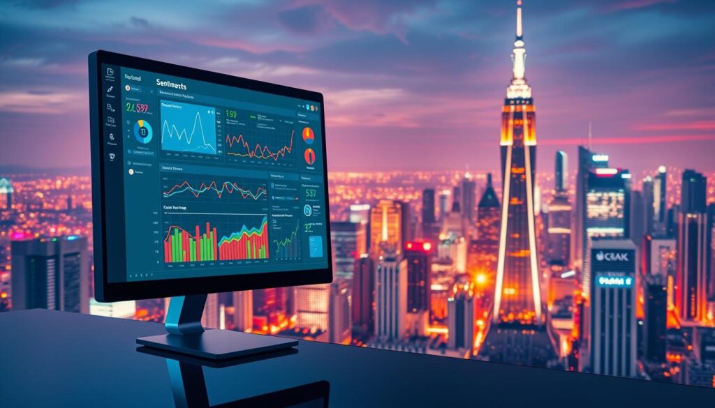 A vibrant, visually striking scene of data visualization and sentiment analysis. In the foreground, a sleek, futuristic computer screen displays a dynamic dashboard of interactive data visualizations, charts, and graphs depicting the ebb and flow of sentiment across various social media platforms. The middle ground features a network of interconnected nodes and lines, representing the complex web of online interactions and conversations. In the background, a panoramic view of a bustling cityscape with towering skyscrapers and a vibrant, saturated color palette, symbolizing the vast scale and impact of social media sentiment. Soft, diffused lighting illuminates the scene, creating a sense of depth and atmosphere. The overall composition conveys the power, complexity, and importance of understanding the sentiment behind visual content on social media.