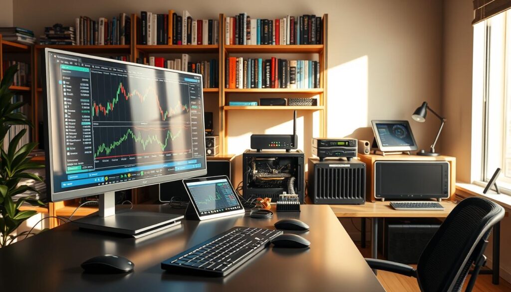 A vibrant, well-lit studio scene showcasing an array of crypto analysis tools. In the foreground, a sleek metal desk with a high-resolution monitor displaying real-time trading data, accompanied by a keyboard, mouse, and a digital tablet. In the middle ground, various hardware devices such as a cryptocurrency hardware wallet, a mining rig, and a network router. The background features shelves lined with books on blockchain technology, finance, and data analytics. Warm, natural lighting illuminates the scene, casting soft shadows and creating a professional, high-tech atmosphere. The overall composition emphasizes the diverse range of tools available for in-depth cryptocurrency market analysis.