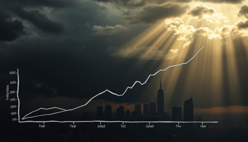 A visceral representation of the fear and greed cycle in the Bitcoin market. In the foreground, a stylized hand-drawn graph depicts the Fear & Greed Index, with the needle oscillating between the extremes of 'Fear' and 'Greed'. In the middle ground, a stormy sky filled with ominous clouds reflects the turbulent market sentiment. In the background, a cityscape with skyscrapers symbolizes the financial markets, their silhouettes casting long shadows that create a sense of unease. The lighting is moody and dramatic, with beams of light piercing through the clouds, casting an ominous glow over the scene. The overall atmosphere conveys the emotional rollercoaster experienced by investors during the different phases of the Bitcoin market cycle. A visceral representation of the fear and greed cycle in the Bitcoin market. In the foreground, a stylized hand-drawn graph depicts the Fear & Greed Index, with the needle oscillating between the extremes of 'Fear' and 'Greed'. In the middle ground, a stormy sky filled with ominous clouds reflects the turbulent market sentiment. In the background, a cityscape with skyscrapers symbolizes the financial markets, their silhouettes casting long shadows that create a sense of unease. The lighting is moody and dramatic, with beams of light piercing through the clouds, casting an ominous glow over the scene. The overall atmosphere conveys the emotional rollercoaster experienced by investors during the different phases of the Bitcoin market cycle.