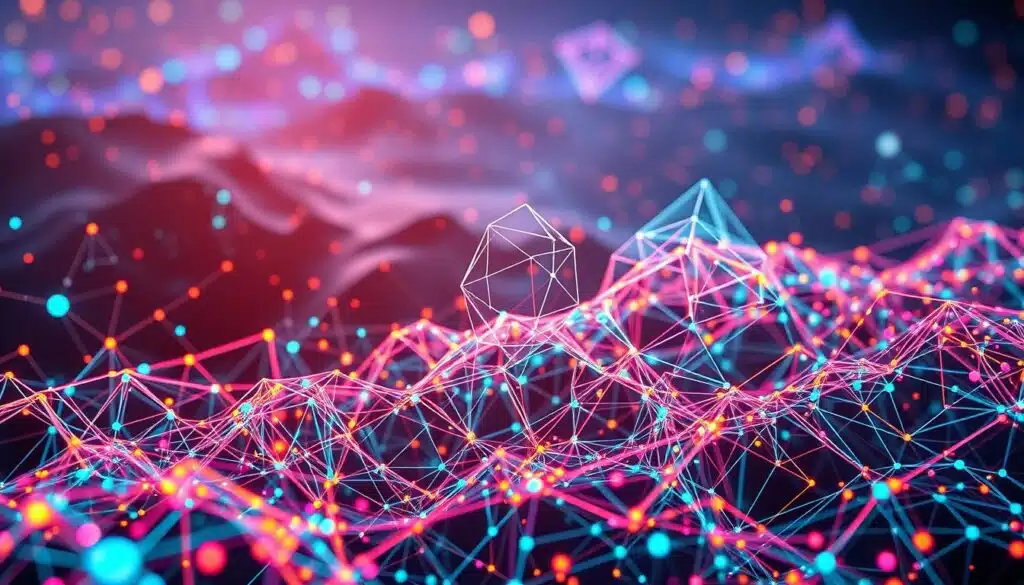 A visually captivating 3D visualization of machine learning pattern recognition, depicted as a complex neural network of interconnected nodes and synaptic pathways. The foreground features a dynamic, pulsing array of colorful data streams, representing the flow of information through the network. The middle ground showcases intricate geometric shapes and wireframe models, illustrating the underlying mathematical patterns and algorithms that power the machine learning process. The background subtly blends a futuristic, technologically-advanced landscape, with subtle hints of cryptocurrency-inspired motifs, to create an immersive and thought-provoking atmosphere. Dramatic lighting and cinematic camera angles enhance the sense of depth and scale, evoking a sense of awe and wonder at the power of AI in deciphering the complexities of crypto market data.