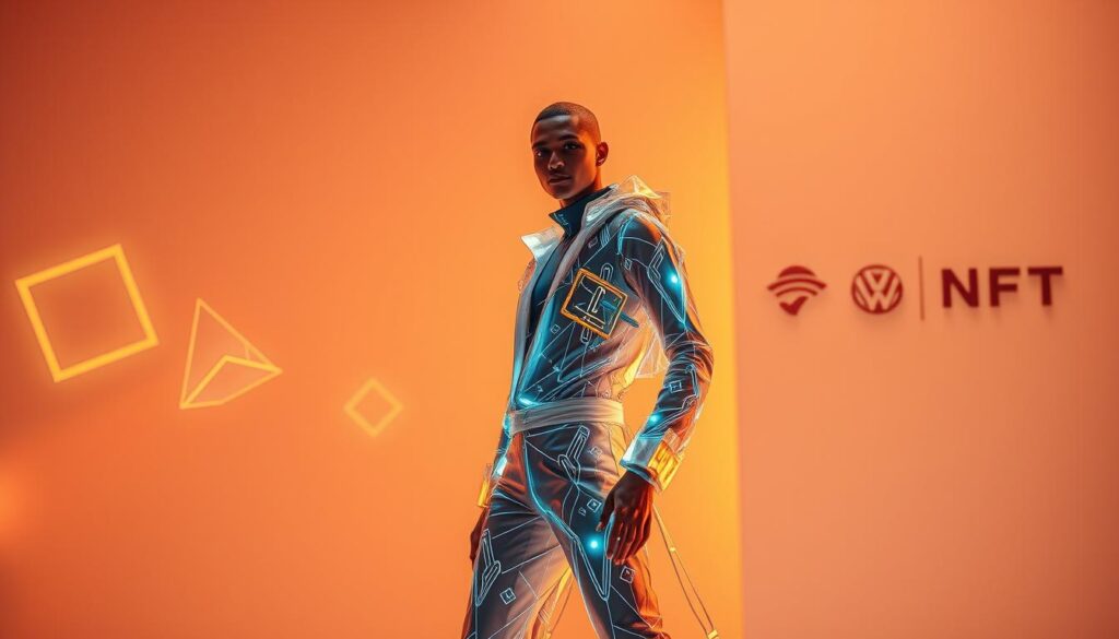 A visually captivating fashion NFT design, showcasing a model dressed in a futuristic, tech-infused outfit that seamlessly blends digital and physical elements. The foreground features the model posing confidently, their garment shimmering with holographic accents and interactive digital patterns that respond to the viewer's movements. The middle ground depicts a sleek, minimalist backdrop with floating, abstract 3D shapes that create a sense of depth and digital immersion. The background subtly incorporates the brand's visual identity, with subtle logo motifs and color schemes that reinforce the connection between the fashion piece and the brand's storytelling. Warm, directional lighting illuminates the scene, casting dramatic shadows and highlights that accentuate the digital textures and cutting-edge design. The overall mood is one of innovation, futurism, and seamless integration of physical and digital realms, reflecting the transformative impact of NFTs on brand storytelling and consumer engagement. A visually captivating fashion NFT design, showcasing a model dressed in a futuristic, tech-infused outfit that seamlessly blends digital and physical elements. The foreground features the model posing confidently, their garment shimmering with holographic accents and interactive digital patterns that respond to the viewer's movements. The middle ground depicts a sleek, minimalist backdrop with floating, abstract 3D shapes that create a sense of depth and digital immersion. The background subtly incorporates the brand's visual identity, with subtle logo motifs and color schemes that reinforce the connection between the fashion piece and the brand's storytelling. Warm, directional lighting illuminates the scene, casting dramatic shadows and highlights that accentuate the digital textures and cutting-edge design. The overall mood is one of innovation, futurism, and seamless integration of physical and digital realms, reflecting the transformative impact of NFTs on brand storytelling and consumer engagement.