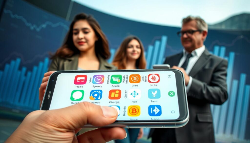 A visually captivating infographic showcasing the "top crypto rewards apps for beginners." In the foreground, feature a stylish smartphone displaying popular crypto rewards app icons, vibrant and easily recognizable. The middle ground should include a diverse group of individuals – a young woman in smart casual attire and a middle-aged man in a professional suit – both engaged in discussing or reviewing the apps. In the background, a subtle digital landscape symbolizes the cryptocurrency world, with abstract graphs and charts reflecting growth trends. Soft, natural lighting creates an inviting atmosphere, and a slight tilt from a low angle perspective adds dynamism to the scene. The overall mood is informative and encouraging, ideal for beginners exploring crypto rewards.