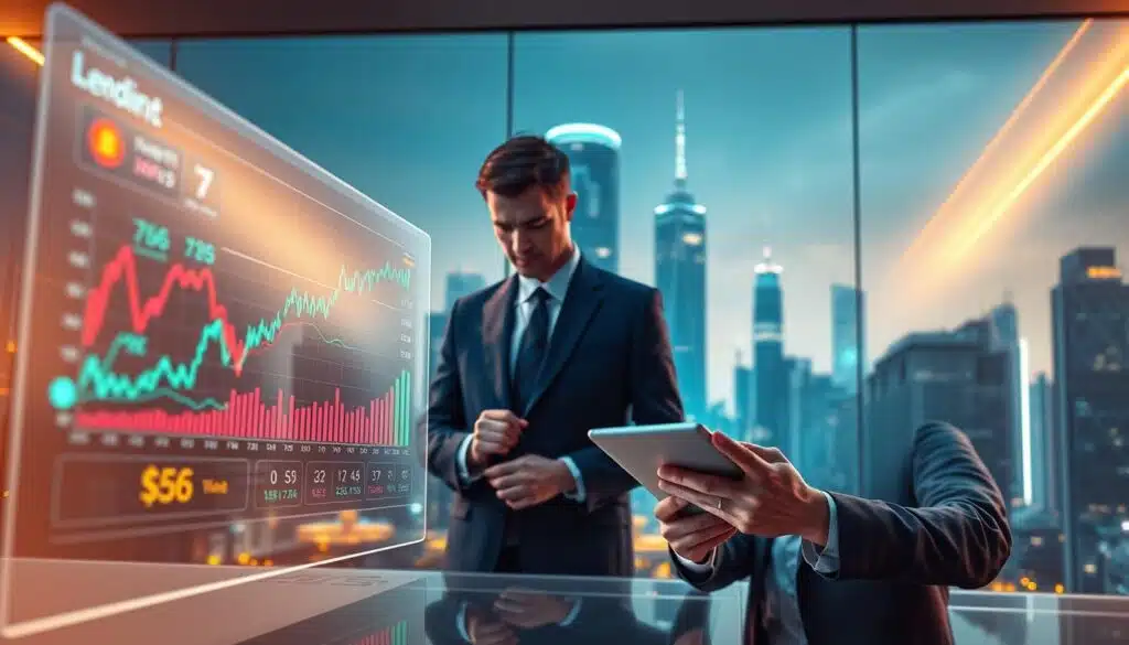 A visually captivating scene depicting the concept of crypto lending and interest in a modern financial setting. In the foreground, illustrate a sleek digital interface showing cryptocurrency charts and interest rates with vibrant graphs. The middle-ground features a professional in business attire, thoughtfully examining various crypto lending options on a tablet. The background portrays a futuristic city skyline with towering skyscrapers and subtle neon lights, symbolizing the growth and potential of the crypto market. The ambiance is illuminated by soft, warm lighting to evoke a sense of opportunity and innovation. The overall mood conveys trust, professionalism, and excitement about generating passive income through crypto lending.