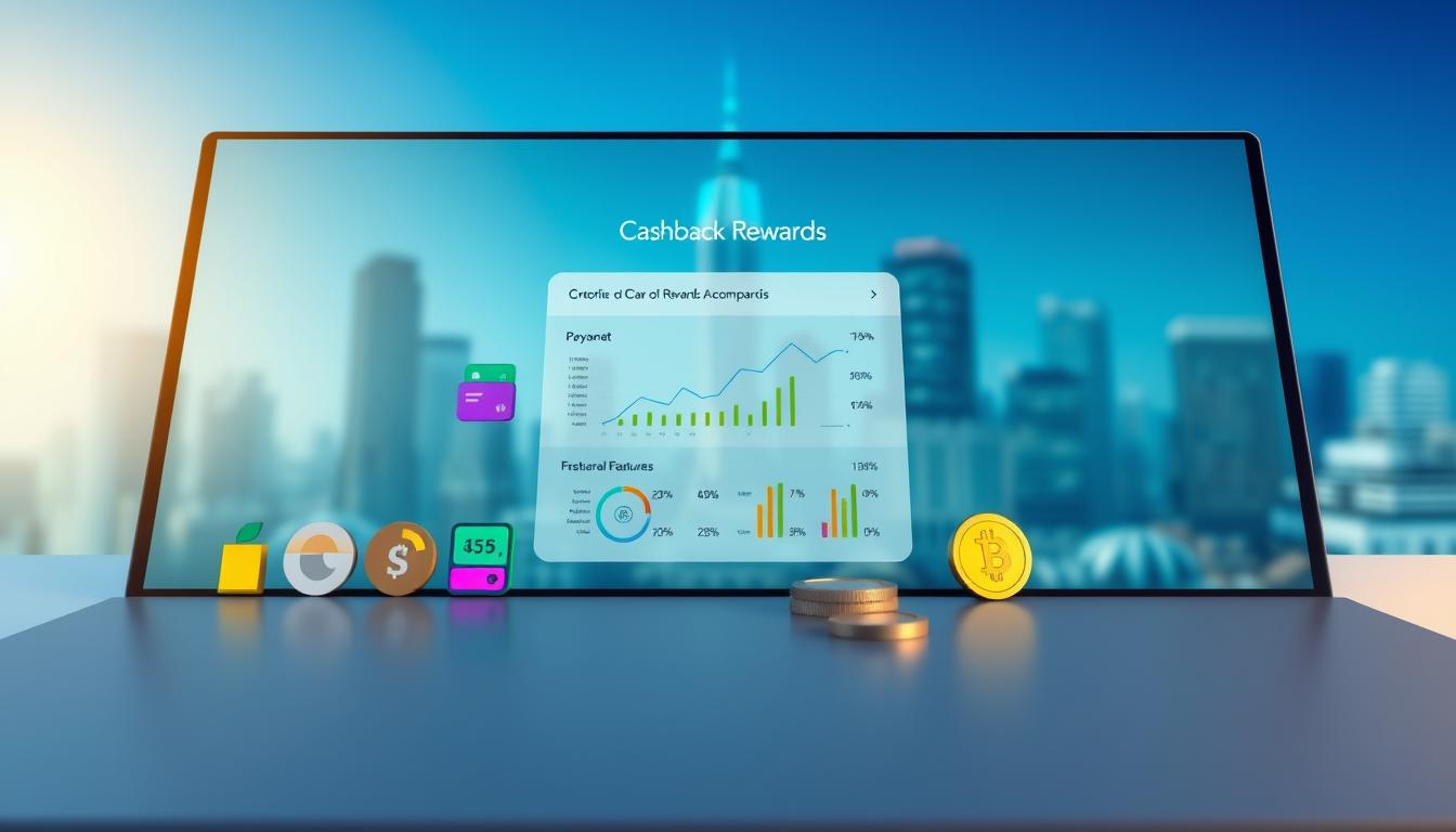 A visually engaging comparison of various crypto cashback rewards platforms displayed on a sleek digital interface. In the foreground, showcase distinct platforms represented by colorful and stylized icons, such as wallets, credit cards, and coins, each with a unique color scheme. In the middle, include graphical charts or infographics, illustrating cashback percentages and features, with clean lines and modern design aesthetics. The background features a futuristic city skyline subtly blurred, conveying a sense of innovation and technology. Use bright, ambient lighting combined with cool blue and green color tones to evoke a professional yet inviting atmosphere. Aim for a high-angle view with a depth of field effect to emphasize the foreground elements, creating an engaging composition that conveys clarity and information without text or overlays.
