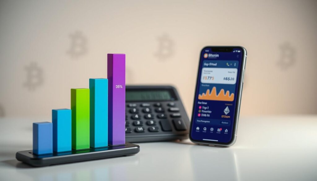 A visually engaging depiction of cryptocurrency fees. In the foreground, a dynamic bar graph illustrating varying fee percentages in vibrant colors, symbolizing cost efficiency and low trading fees. The middle ground features a calculator and a sleek smartphone displaying a user-friendly crypto rewards app interface, both designed with modern aesthetics. In the background, faint outlines of digital currency symbols like Bitcoin and Ethereum are subtly blended, creating a tech-savvy atmosphere. Soft, diffused lighting casts a professional glow, emphasizing clarity and accessibility. The overall mood is optimistic and focused, aimed at attracting beginner crypto investors. The composition should be clean and organized, enhancing the understanding of financial efficiency in crypto trading.