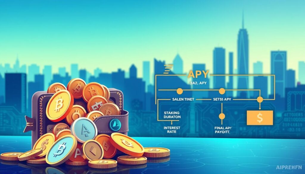 A visually engaging infographic-style illustration depicting the concept of crypto staking rewards and their calculation process. In the foreground, a stylized digital wallet overflowing with various cryptocurrencies, with coins labeled with symbols representing APR and APY. The middle layer features a flowchart showing the steps of staking rewards calculation: initial investment, staking duration, interest rate, and final payout. In the background, a city skyline subtly blended with circuit board elements to represent the digital finance environment. The scene is illuminated with soft blue and green lighting to convey a tech-inspired atmosphere, with a slightly angled view to add depth. The overall mood is informative and professional, suitable for a financial article without any distracting text or imagery. A visually engaging infographic-style illustration depicting the concept of crypto staking rewards and their calculation process. In the foreground, a stylized digital wallet overflowing with various cryptocurrencies, with coins labeled with symbols representing APR and APY. The middle layer features a flowchart showing the steps of staking rewards calculation: initial investment, staking duration, interest rate, and final payout. In the background, a city skyline subtly blended with circuit board elements to represent the digital finance environment. The scene is illuminated with soft blue and green lighting to convey a tech-inspired atmosphere, with a slightly angled view to add depth. The overall mood is informative and professional, suitable for a financial article without any distracting text or imagery.