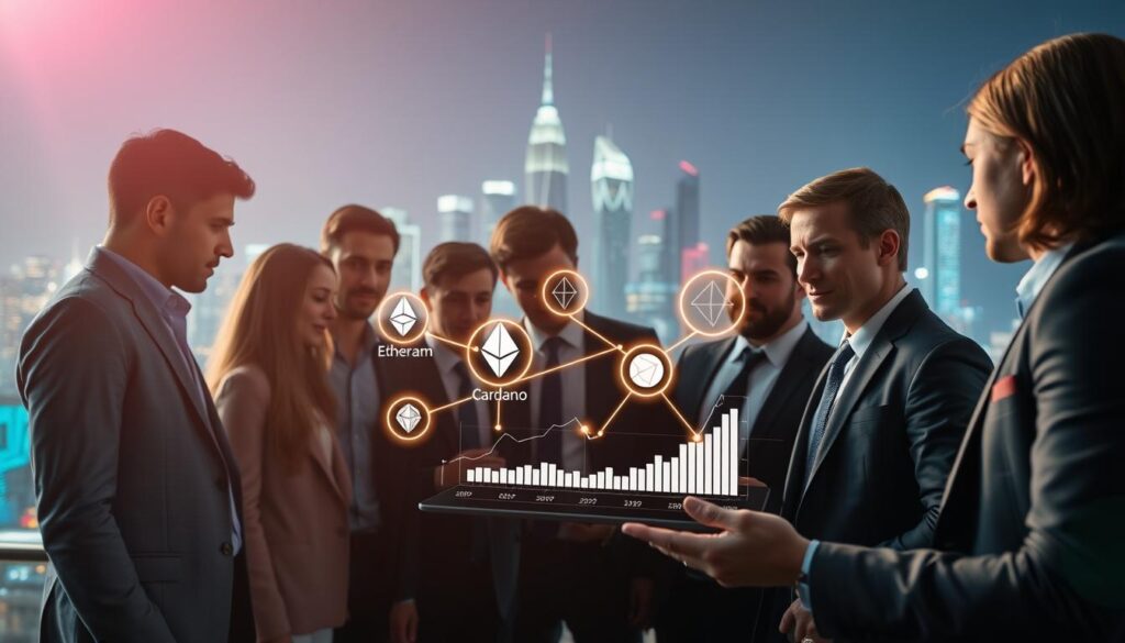A visually engaging representation of staking in cryptocurrency. In the foreground, a diverse group of professional individuals, dressed in business attire, are actively discussing and analyzing charts on a digital tablet showcasing staking rewards. In the middle, sleek, modern graphical representations of crypto coins like Ethereum and Cardano are depicted, connected by glowing lines to indicate staking processes. The background features a futuristic city skyline, illuminated with neon lights, symbolizing the digital finance boom. Soft ambient lighting creates a high-tech yet inviting atmosphere, emphasizing innovation and opportunity. A slight lens flare adds a modern touch, capturing the essence of growth and financial empowerment in the crypto world.
