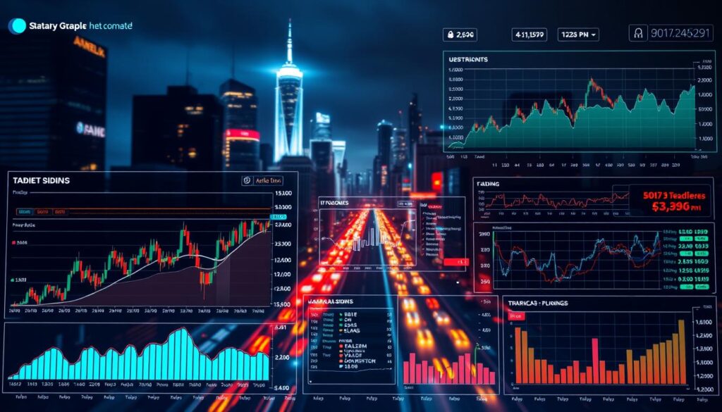 A visually striking and technically advanced data visualization dashboard, showcasing a variety of trading signals and market insights. The foreground features dynamic line graphs, candlestick charts, and real-time data feeds, all rendered in a sleek, high-contrast color palette. The middle ground displays abstract data visualizations, such as interactive scatter plots and heatmaps, providing deeper analytical insights. The background is a moody, atmospheric cityscape, with skyscrapers and neon-lit streets, reflecting the fast-paced, data-driven nature of the financial markets. The overall scene is lit by a combination of directional lighting, creating depth and drama, and ambient lighting, highlighting the precision and clarity of the data presentation.