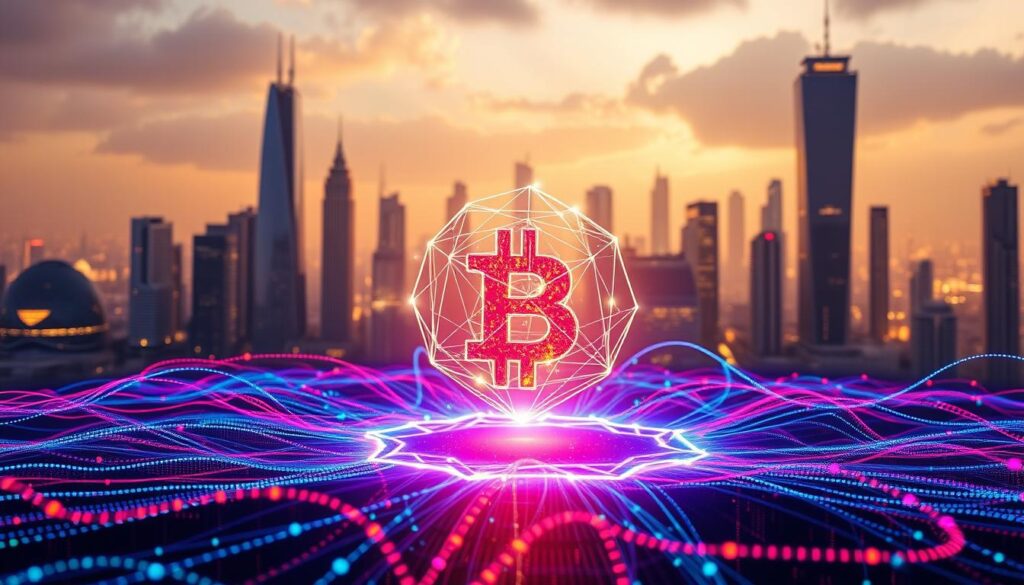 A visually striking composition depicting the foundational concepts of blockchain technology. In the foreground, a luminous, three-dimensional blockchain structure hovers, its intricate geometric facets pulsing with an ethereal glow. Surrounding it, a sea of data streams in vivid colors, swirling and converging, representing the secure, decentralized ledger at the heart of blockchain. In the background, a cityscape of towering skyscrapers and futuristic architecture, symbolic of the far-reaching applications of this transformative technology. The overall scene is bathed in a warm, diffused light, conveying a sense of innovation, complexity, and the profound impact of blockchain on the digital landscape. A visually striking composition depicting the foundational concepts of blockchain technology. In the foreground, a luminous, three-dimensional blockchain structure hovers, its intricate geometric facets pulsing with an ethereal glow. Surrounding it, a sea of data streams in vivid colors, swirling and converging, representing the secure, decentralized ledger at the heart of blockchain. In the background, a cityscape of towering skyscrapers and futuristic architecture, symbolic of the far-reaching applications of this transformative technology. The overall scene is bathed in a warm, diffused light, conveying a sense of innovation, complexity, and the profound impact of blockchain on the digital landscape.