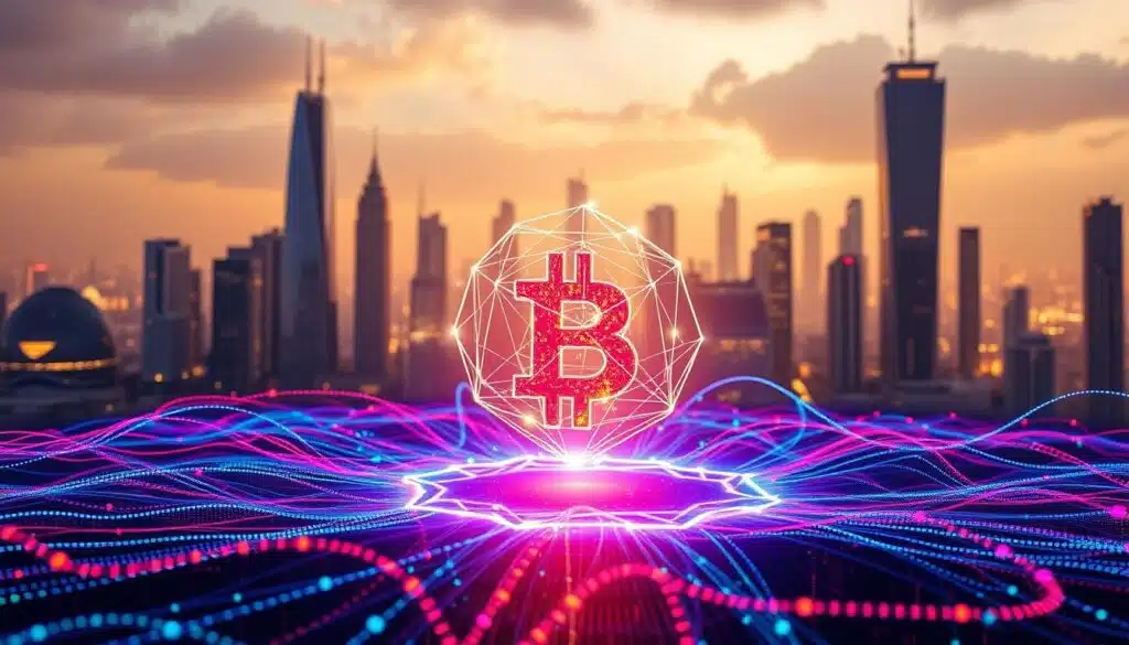 A visually striking composition depicting the foundational concepts of blockchain technology. In the foreground, a luminous, three-dimensional blockchain structure hovers, its intricate geometric facets pulsing with an ethereal glow. Surrounding it, a sea of data streams in vivid colors, swirling and converging, representing the secure, decentralized ledger at the heart of blockchain. In the background, a cityscape of towering skyscrapers and futuristic architecture, symbolic of the far-reaching applications of this transformative technology. The overall scene is bathed in a warm, diffused light, conveying a sense of innovation, complexity, and the profound impact of blockchain on the digital landscape.