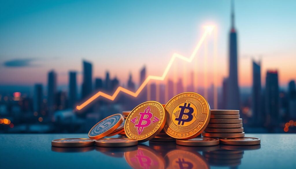 A visually striking depiction of stablecoin tokens, designed with futuristic digital aesthetics. In the foreground, a cluster of beautifully rendered stablecoin tokens, showcasing intricate designs and vibrant colors, reflecting their stability and security. The middle ground features a stylized, glowing financial graph illustrating a stable upward trend, emphasizing the concept of lower-volatility yields. The background consists of a sleek, modern city skyline at dusk, with soft blue and purple tones blending into a serene twilight atmosphere. Soft, diffused lighting highlights the tokens, while a slight bokeh effect adds depth. The overall mood is optimistic and professional, conveying the reliable growth potential of DeFi platforms.