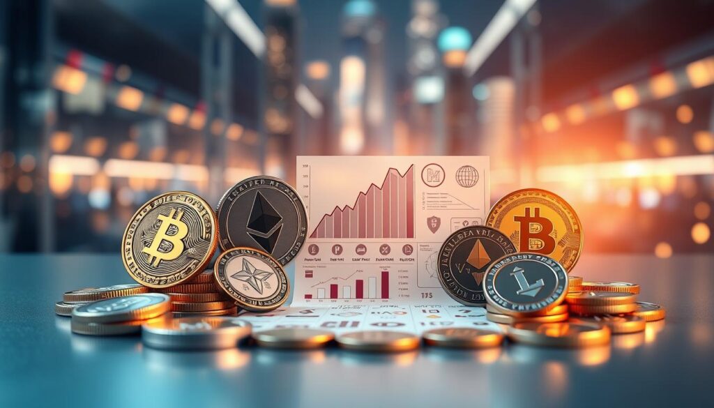 A visually striking design of various cryptocurrency tokens arranged artistically in a circular layout on a sleek, modern surface. In the foreground, detailed 3D models of tokens such as Bitcoin, Ethereum, and Litecoin gleam with intricate textures and light reflections. In the middle ground, a creative blueprint highlighting the design elements of a rewards loyalty program, incorporating graphs and reward icons, subtly overlays the tokens. The background features a blurred tech-inspired cityscape illuminated by ambient lighting, adding depth and a futuristic feel. Use a soft focus with a slight depth of field; the lighting should emphasize the shimmer of the tokens while maintaining a professional atmosphere, evoking a sense of innovation and digital economy. A visually striking design of various cryptocurrency tokens arranged artistically in a circular layout on a sleek, modern surface. In the foreground, detailed 3D models of tokens such as Bitcoin, Ethereum, and Litecoin gleam with intricate textures and light reflections. In the middle ground, a creative blueprint highlighting the design elements of a rewards loyalty program, incorporating graphs and reward icons, subtly overlays the tokens. The background features a blurred tech-inspired cityscape illuminated by ambient lighting, adding depth and a futuristic feel. Use a soft focus with a slight depth of field; the lighting should emphasize the shimmer of the tokens while maintaining a professional atmosphere, evoking a sense of innovation and digital economy.