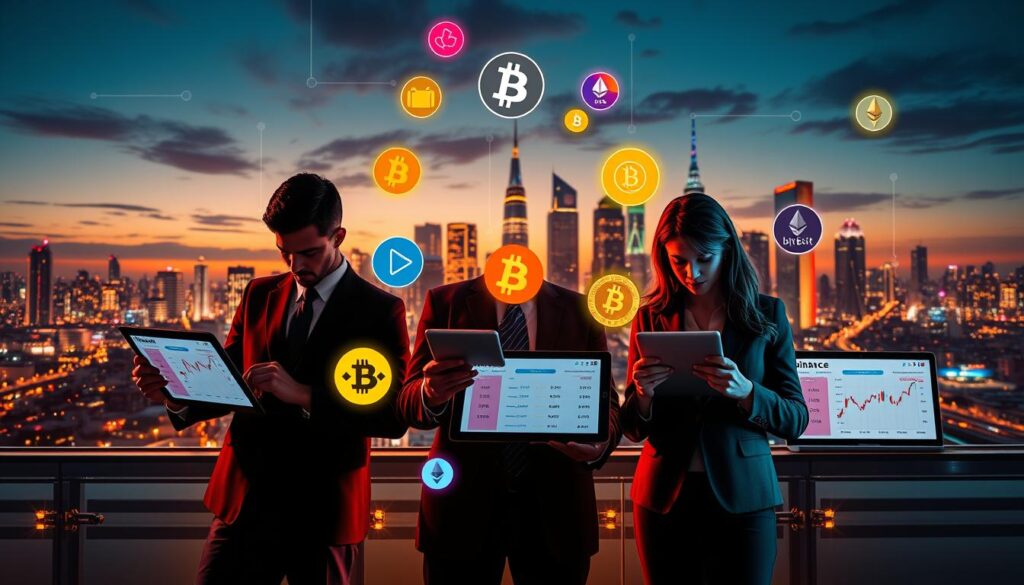 A visually striking digital collage depicting the concept of "exchange rewards" in the cryptocurrency space. In the foreground, professional individuals dressed in business attire are reviewing rewards charts on tablets and laptops, showcasing various crypto platforms like Binance, OKX, Bybit, and Crypto.com. In the middle ground, vibrant icons representing cashback rewards and cryptocurrencies like Bitcoin and Ethereum float around, symbolizing ownership and exchange. The background features a futuristic city skyline at dusk, illuminated by neon lights, conveying a sense of innovation and technology. The lighting should be dynamic, with a focus on warm tones to create an engaging, optimistic atmosphere. Utilize a wide-angle lens to enhance depth and perspective, highlighting the prominence of the crypto exchange platforms in this evolving landscape.