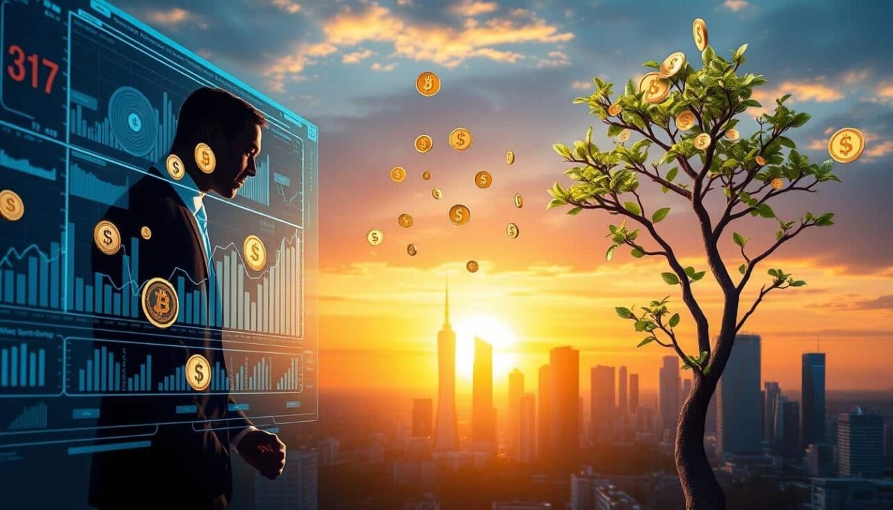 A visually striking digital illustration depicting passive crypto income rewards programs. In the foreground, a professional individual in business attire is analyzing a futuristic digital interface filled with graphs and coins representing diverse cryptocurrencies. In the middle ground, various symbols of passive income, such as dollar signs, coins, and a tree with monetary leaves, blend harmoniously to signify growth and wealth. The background showcases a modern city skyline at sunset, symbolizing prosperity and opportunity, with soft golden hour lighting casting a warm glow. The overall mood is optimistic and forward-looking, embodying innovation and financial empowerment in the crypto space. The image captures a blend of technology and finance, inviting viewers to explore the exciting possibilities of passive income in cryptocurrencies.