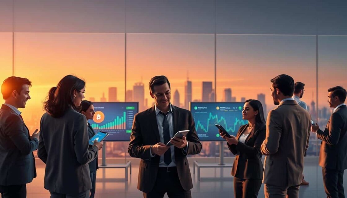 A visually striking digital illustration representing cryptocurrency rewards loyalty programs. In the foreground, depict a diverse group of business professionals, dressed in smart casual attire, engaged in a discussion with digital devices displaying cryptocurrency icons and reward points. In the middle ground, show a sleek, modern office environment with large screens showcasing colorful graphs and loyalty program data, lightly glowing from ambient light. In the background, feature a city skyline, suggesting innovation and technology, bathed in a warm sunset glow that creates an inspiring atmosphere. The overall mood should convey excitement and potential, with a focus on trust and collaboration in the realm of cryptocurrency. Use a cinematic angle, emphasizing depth and clarity, with soft lighting to enhance the scene's vibrancy.