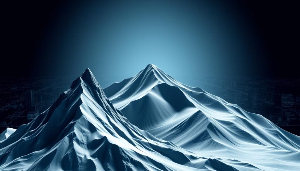 A visually striking illustration of the differences between a hard fork and a soft fork in blockchain technology. The foreground depicts a towering, jagged mountain range representing a hard fork, with sharp edges and precipitous slopes. In the middle ground, a gently rolling, undulating landscape symbolizes a soft fork, with smooth transitions and subtle variations. Striking a contrast, the background showcases a digital cityscape of interconnected nodes, conveying the broader blockchain ecosystem. The image is rendered in a sleek, minimalist style with a cool, muted color palette, reflecting the technical and conceptual nature of the subject matter. Dramatic lighting casts dramatic shadows, emphasizing the distinct topographies of the hard and soft fork. A visually striking illustration of the differences between a hard fork and a soft fork in blockchain technology. The foreground depicts a towering, jagged mountain range representing a hard fork, with sharp edges and precipitous slopes. In the middle ground, a gently rolling, undulating landscape symbolizes a soft fork, with smooth transitions and subtle variations. Striking a contrast, the background showcases a digital cityscape of interconnected nodes, conveying the broader blockchain ecosystem. The image is rendered in a sleek, minimalist style with a cool, muted color palette, reflecting the technical and conceptual nature of the subject matter. Dramatic lighting casts dramatic shadows, emphasizing the distinct topographies of the hard and soft fork.