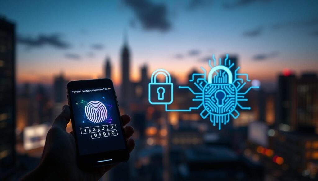 A visually striking image representing two-factor authentication in the context of digital security. In the foreground, a smartphone displays an authentication app with vibrant graphics of a fingerprint scanner and a numerical keypad, highlighting the act of verifying identity. The middle ground features a subtle illustration of a padlock integrated with a digital circuit design, symbolizing online security and encryption. The background shows a blurred cityscape at dusk, with glowing screens suggesting a tech-driven environment. Employ soft, atmospheric lighting to create a sense of safety and professionalism, with the focus sharp on the smartphone and authentication symbols. The overall mood should feel secure and innovative, representing the importance of security in the world of cryptocurrencies.