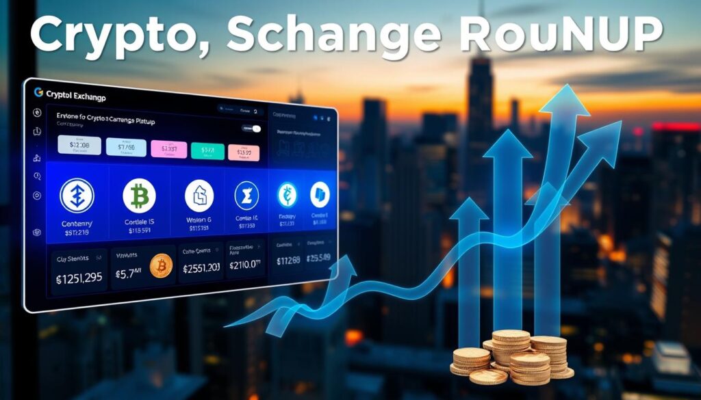 A visually striking infographic depicting a centralized exchange roundup focused on crypto staking platforms. In the foreground, showcase a sleek, modern digital dashboard displaying various cryptocurrency logos and their corresponding APY rates, illuminated with a blue glow to evoke a tech-savvy atmosphere. In the middle ground, include stylized, abstract representations of coins flowing into upward arrows, symbolizing earnings and growth. The background should feature a high-rise city skyline at dusk, with dynamic lighting to suggest a busy, vibrant crypto market. Use a slightly blurred angle to emphasize depth and movement. The overall mood should be optimistic and professional, emphasizing financial growth in the digital world.