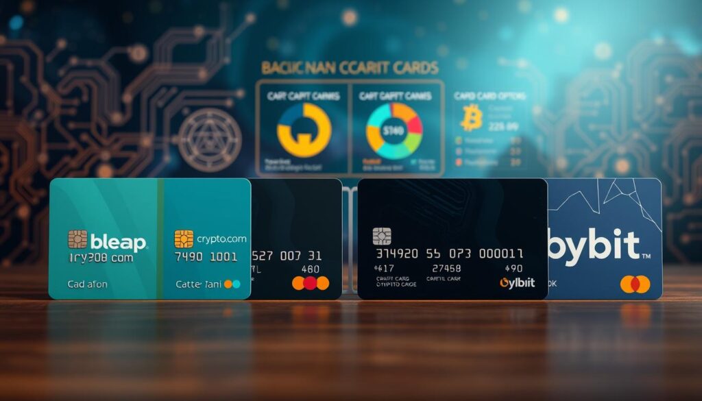 A visually striking infographic-style image depicting a comparison of card cashback options for crypto users. In the foreground, showcase four credit cards side by side, each representing Bleap, Crypto.com, Gemini, and Bybit, designed with distinct colors and logos for each brand. In the middle ground, incorporate graphical elements like pie charts or percentages illustrating cashback rates, bonuses, and user benefits. The background features a subtle digital landscape with circuit patterns and cryptocurrency symbols, creating an immersive tech atmosphere. Soft lighting highlights the cards to draw attention, while a slight depth of field effect blurs the background slightly, keeping the focus on the cards. The overall mood conveys professionalism and modernity, suitable for a financial comparison article.