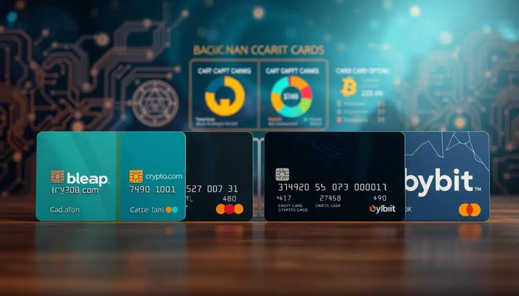 A visually striking infographic-style image depicting a comparison of card cashback options for crypto users. In the foreground, showcase four credit cards side by side, each representing Bleap, Crypto.com, Gemini, and Bybit, designed with distinct colors and logos for each brand. In the middle ground, incorporate graphical elements like pie charts or percentages illustrating cashback rates, bonuses, and user benefits. The background features a subtle digital landscape with circuit patterns and cryptocurrency symbols, creating an immersive tech atmosphere. Soft lighting highlights the cards to draw attention, while a slight depth of field effect blurs the background slightly, keeping the focus on the cards. The overall mood conveys professionalism and modernity, suitable for a financial comparison article.
