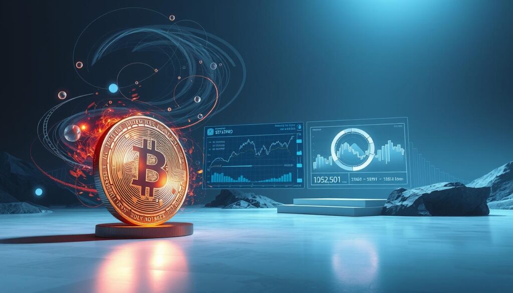 A visually striking landscape depicting the dynamics of token minting and burning. In the foreground, a gleaming, metallic coin rotates against a backdrop of swirling, ethereal energy. Surrounding it, abstract shapes and geometric patterns symbolize the intricate processes of token creation and destruction. The middle ground features a futuristic, holographic display, showcasing numerical data and charts that illustrate the fluctuations in token supply. The background is a sleek, minimalist environment, with clean lines and a cool, blue-toned color palette, evoking a sense of technological sophistication. Dramatic lighting casts dramatic shadows, creating depth and drama. The overall composition conveys the complexity and importance of token economics in the cryptocurrency ecosystem.