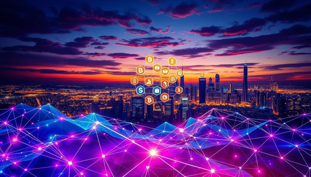 A visually striking representation of cross-chain strategies in decentralized finance, featuring multiple interconnected blockchain networks symbolized by vivid geometric shapes and vibrant colors. In the foreground, a digital landscape with flowing streams of data connecting nodes, showcasing efficient transactions. The middle section presents a network of blockchain icons hovering amidst a stylized cityscape, reflecting high-speed trading and optimization of fees. The background features a futuristic skyline under a twilight sky infused with dynamic lighting, emphasizing innovation and growth. The atmosphere is energetic and sophisticated, capturing the essence of cutting-edge technology and financial strategy. No people present.