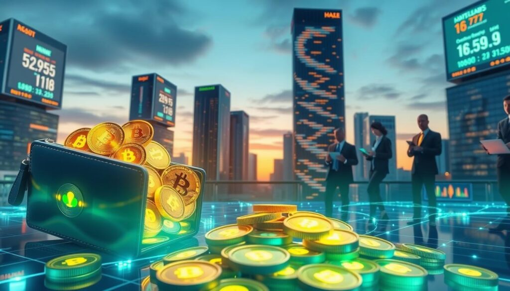 A visually striking representation of crypto lending, featuring an abstract digital landscape. In the foreground, a modern, sleek digital wallet is overflowing with glowing cryptocurrency coins, symbolizing wealth and investment. The middle ground showcases a group of professionals in smart business attire, discussing on tablets and laptops, analyzing lending platforms and interest rates. In the background, skyscrapers adorned with digital screens display fluctuating crypto values against a twilight sky, creating an atmosphere of innovation and finance. Soft blue and green hues dominate the lighting, casting a hopeful ambiance over the scene. Capture the essence of financial foresight and the potential risks of crypto lending with an emphasis on both opportunity and caution.