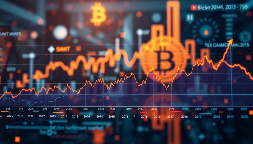 A visually striking representation of historical Bitcoin data trends, foreground featuring a detailed line graph displaying fluctuating Bitcoin prices over the years, accentuated by vibrant colors to indicate peaks and valleys. In the middle ground, integrate digital elements like candlestick charts and market analysis. The background should softly blend abstract representations of blockchain technology and cryptocurrency symbols, creating an engaging and informative atmosphere. Use warm, modern lighting to enhance clarity and focus on the data, employing a slight low-angle perspective to give a sense of depth and importance to the information presented. Overall, aim for a professional and analytical mood that conveys the dynamic nature of the Bitcoin market without any text or overlays.