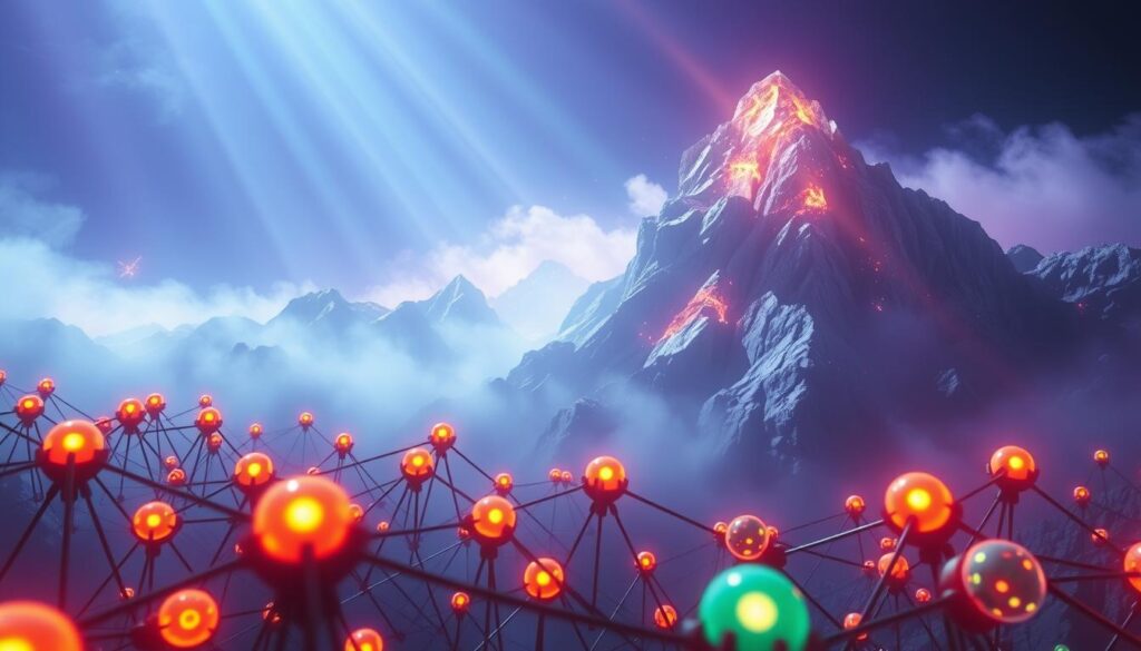 A visually striking scene depicting the dynamic interplay between network nodes and miner incentives within the blockchain ecosystem. In the foreground, a cluster of interconnected nodes, each one a vibrant, glowing sphere pulsing with energy. The nodes are arranged in a intricate, geometric pattern, hinting at the complex algorithms and protocols that govern their interactions. In the middle ground, a towering, crystalline mountain range rises, representing the formidable computational challenges faced by miners seeking to validate transactions and earn rewards. Shafts of light pierce through the rugged terrain, casting dramatic shadows and highlighting the high-stakes nature of the mining process. The background is shrouded in an ethereal, iridescent mist, creating a sense of mystery and the broader technological landscape in which the nodes and miners operate. The overall atmosphere is one of technological wonder, power, and the delicate balance required to maintain the integrity of the blockchain network. A visually striking scene depicting the dynamic interplay between network nodes and miner incentives within the blockchain ecosystem. In the foreground, a cluster of interconnected nodes, each one a vibrant, glowing sphere pulsing with energy. The nodes are arranged in a intricate, geometric pattern, hinting at the complex algorithms and protocols that govern their interactions. In the middle ground, a towering, crystalline mountain range rises, representing the formidable computational challenges faced by miners seeking to validate transactions and earn rewards. Shafts of light pierce through the rugged terrain, casting dramatic shadows and highlighting the high-stakes nature of the mining process. The background is shrouded in an ethereal, iridescent mist, creating a sense of mystery and the broader technological landscape in which the nodes and miners operate. The overall atmosphere is one of technological wonder, power, and the delicate balance required to maintain the integrity of the blockchain network.