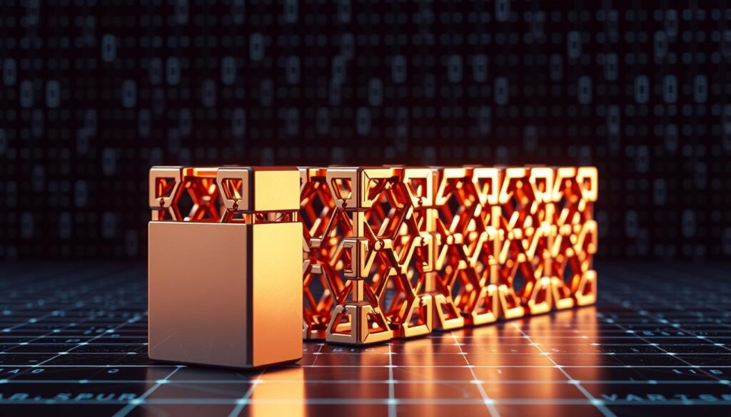 A visually stunning 3D blockchain structure, with interlocking blocks representing the distributed ledger. The foreground showcases a single block, its facets gleaming with a metallic sheen under crisp, directional lighting. The middle ground reveals the blockchain's intricate architecture, each block connected seamlessly, forming a captivating geometric pattern. In the background, a subtle grid or matrix backdrop accentuates the technical nature of the blockchain, conveying a sense of precision and order. The overall atmosphere is one of digital elegance and technological sophistication, perfectly capturing the essence of the blockchain concept.