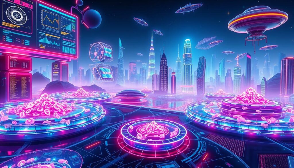 A vivid, futuristic landscape of interconnected NFT liquidity pool platforms. In the foreground, a series of dynamic, holographic pools pulsing with digital assets. Intricate user interfaces and control panels hover above, showcasing real-time analytics and liquidity data. The middle ground is filled with towering, neon-lit data centers and server stacks, their cooling systems whirring. In the background, a cityscape of gleaming skyscrapers and floating transport pods, all bathed in a cool, cyberpunk-inspired glow. The scene conveys a sense of advanced technology, financial innovation, and the seamless integration of the NFT ecosystem. A vivid, futuristic landscape of interconnected NFT liquidity pool platforms. In the foreground, a series of dynamic, holographic pools pulsing with digital assets. Intricate user interfaces and control panels hover above, showcasing real-time analytics and liquidity data. The middle ground is filled with towering, neon-lit data centers and server stacks, their cooling systems whirring. In the background, a cityscape of gleaming skyscrapers and floating transport pods, all bathed in a cool, cyberpunk-inspired glow. The scene conveys a sense of advanced technology, financial innovation, and the seamless integration of the NFT ecosystem.