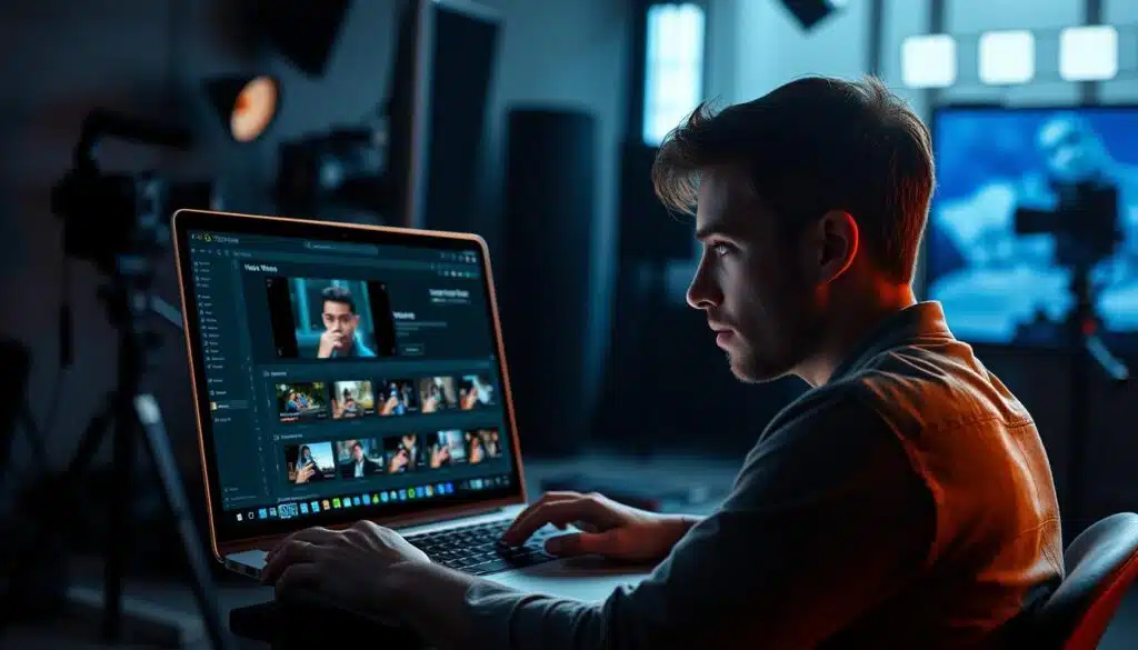 A well-lit, cinematic scene of a person intently focused on their laptop, their face illuminated by the screen's glow, as they meticulously navigate the NFT minting process. The laptop display showcases a step-by-step user interface for creating and publishing a video NFT. In the background, a sleek, modern studio setup with professional-grade video and audio equipment, hinting at the high-quality production values. The overall atmosphere conveys a sense of purpose, creativity, and the transformative power of turning video content into valuable, blockchain-secured digital assets. A well-lit, cinematic scene of a person intently focused on their laptop, their face illuminated by the screen's glow, as they meticulously navigate the NFT minting process. The laptop display showcases a step-by-step user interface for creating and publishing a video NFT. In the background, a sleek, modern studio setup with professional-grade video and audio equipment, hinting at the high-quality production values. The overall atmosphere conveys a sense of purpose, creativity, and the transformative power of turning video content into valuable, blockchain-secured digital assets.