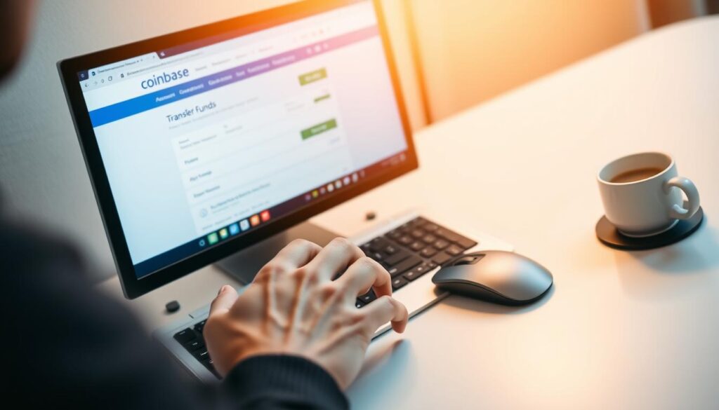 A well-lit, close-up shot of a person's hands navigating the Coinbase web interface on a desktop computer. The screen shows the account overview and options to transfer funds. The person's hands are poised over the keyboard, with a focused expression on their face, ready to initiate the transfer process. The desktop surface is clean and minimal, with a simple mouse and a stylish mug of coffee in the background, creating a professional and productive atmosphere. Warm, diffused lighting from above casts a subtle glow, emphasizing the attention to detail. The image conveys a sense of preparation, security, and control over the crypto transfer workflow.