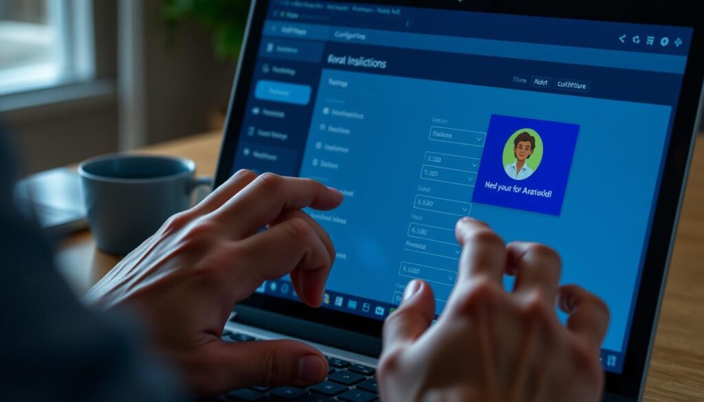 A well-lit, close-up view of a person's hands carefully configuring a DeFi cryptocurrency wallet on a laptop screen. The screen displays a user interface with various settings and options for managing a non-fungible token (NFT) avatar. The person's fingers delicately navigate the wallet interface, suggesting a focused, technical process. The background is slightly blurred, keeping the focus on the hands and screen. The overall mood is one of thoughtful, meticulous attention to detail in setting up an NFT profile picture.