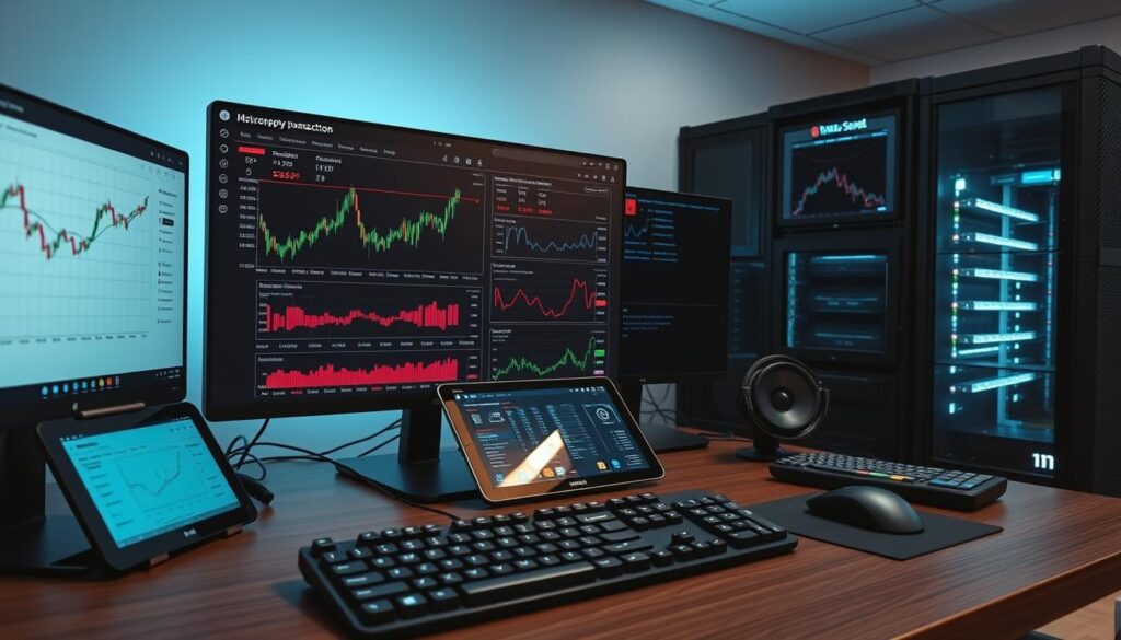 A well-lit desktop setup showcasing an array of digital tools and platforms for monitoring cryptocurrency whale activities. In the foreground, a high-resolution display shows a trading dashboard with real-time data on large transactions, wallet balances, and market trends. Surrounding the display are various input devices, including a sleek mechanical keyboard and a precision mouse. In the middle ground, a tablet displays detailed analytics and visualizations, while in the background, a server rack houses the powerful computing hardware powering the cryptocurrency surveillance system. The overall scene conveys a sense of technology, diligence, and the serious pursuit of understanding the ebbs and flows of the crypto market. A well-lit desktop setup showcasing an array of digital tools and platforms for monitoring cryptocurrency whale activities. In the foreground, a high-resolution display shows a trading dashboard with real-time data on large transactions, wallet balances, and market trends. Surrounding the display are various input devices, including a sleek mechanical keyboard and a precision mouse. In the middle ground, a tablet displays detailed analytics and visualizations, while in the background, a server rack houses the powerful computing hardware powering the cryptocurrency surveillance system. The overall scene conveys a sense of technology, diligence, and the serious pursuit of understanding the ebbs and flows of the crypto market.