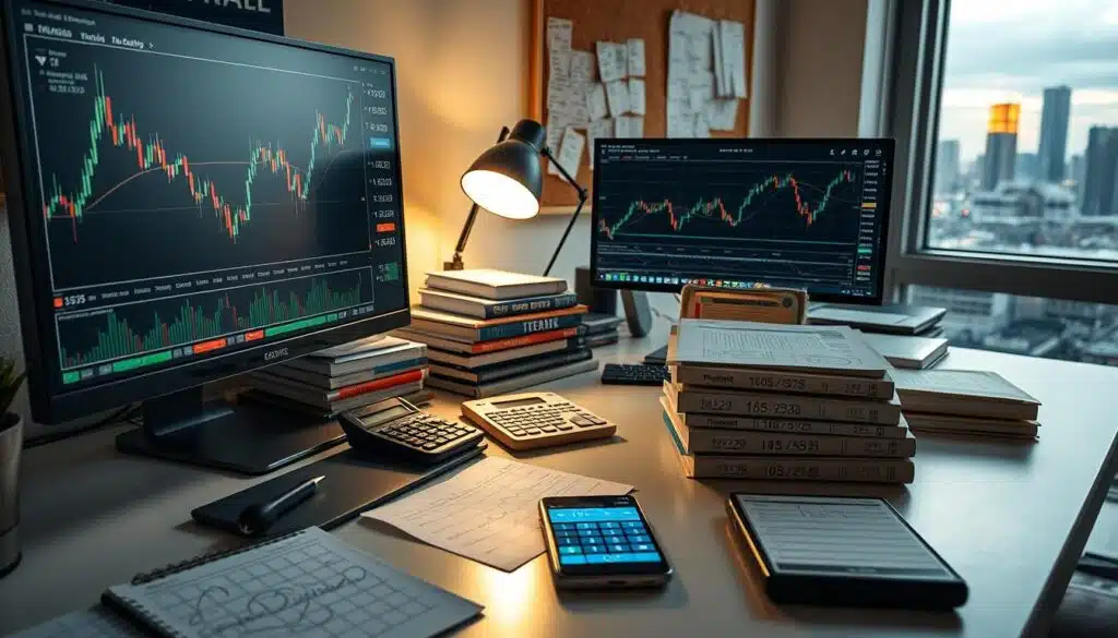 A well-lit desktop workspace with various technical analysis tools laid out in an organized fashion. In the foreground, a sleek dual-monitor setup displays candlestick charts and stock tickers. In the middle ground, a collection of finance-related books, a graphing calculator, and a smartphone with trading apps. The background features a cork board with annotated charts, a desk lamp casting a warm glow, and a view of the city skyline through a window. The overall atmosphere is focused, professional, and conducive to in-depth market research and strategic decision-making.