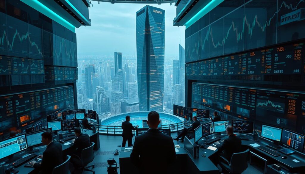 A well-lit, high-angle view of a regulated cryptocurrency derivatives exchange. In the foreground, an array of sleek trading terminals with holographic displays and intuitive interfaces. Brokers and analysts in formal attire navigate the dynamic, data-rich environment. The middle ground features a central trading floor with a towering glass facade, offering a panoramic view of the city skyline. Subtle LED accents and an ambient blue-green lighting scheme convey a sense of precision and authority. In the background, a towering exchange headquarters building stands as a symbol of institutional credibility and trust in the regulated crypto market. A well-lit, high-angle view of a regulated cryptocurrency derivatives exchange. In the foreground, an array of sleek trading terminals with holographic displays and intuitive interfaces. Brokers and analysts in formal attire navigate the dynamic, data-rich environment. The middle ground features a central trading floor with a towering glass facade, offering a panoramic view of the city skyline. Subtle LED accents and an ambient blue-green lighting scheme convey a sense of precision and authority. In the background, a towering exchange headquarters building stands as a symbol of institutional credibility and trust in the regulated crypto market.
