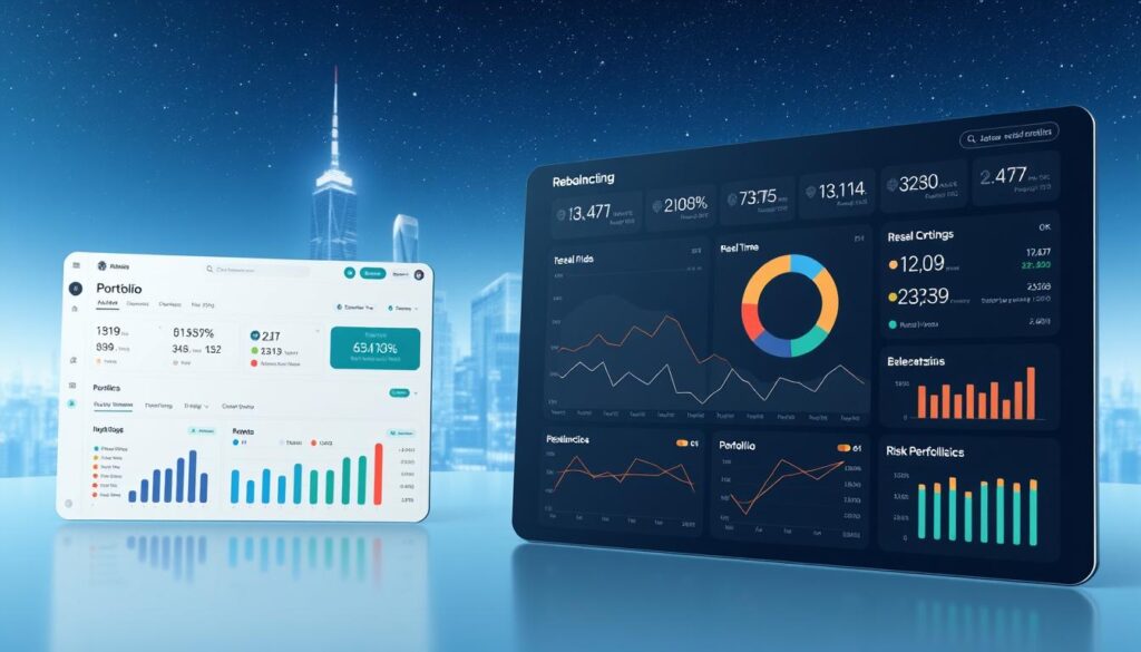 A well-lit, high-resolution 3D render of a sleek, minimalist interface showcasing key features of a crypto portfolio rebalancing tool. In the foreground, a dashboard displaying real-time portfolio metrics, asset allocations, and rebalancing indicators. In the middle ground, interactive visualizations of portfolio performance trends and risk analytics. In the background, a clean, futuristic cityscape with skyscrapers and a starry night sky, conveying a sense of technological sophistication and financial security. A well-lit, high-resolution 3D render of a sleek, minimalist interface showcasing key features of a crypto portfolio rebalancing tool. In the foreground, a dashboard displaying real-time portfolio metrics, asset allocations, and rebalancing indicators. In the middle ground, interactive visualizations of portfolio performance trends and risk analytics. In the background, a clean, futuristic cityscape with skyscrapers and a starry night sky, conveying a sense of technological sophistication and financial security.