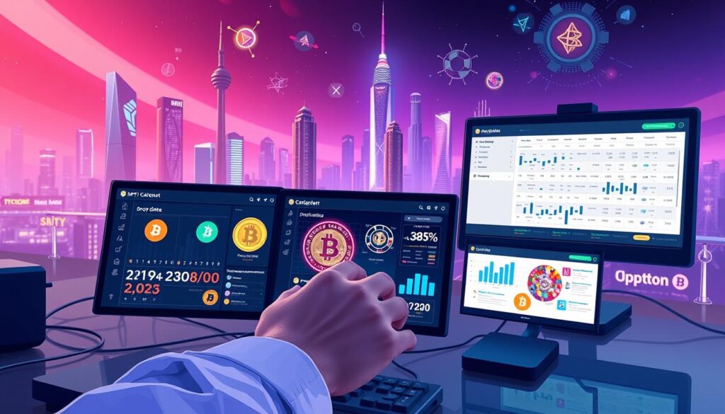 A well-lit, high-resolution digital illustration depicting a digital workspace with multiple computer screens displaying various NFT calendar platforms. In the foreground, a person's hands interacting with a touchscreen interface, navigating through drop dates, project details, and upcoming events. In the middle ground, colorful cryptocurrency symbols, NFT artwork, and trending data visualizations populate the screens. The background features a futuristic cityscape with skyscrapers, holograms, and a vibrant, neon-tinged atmosphere, conveying the dynamic, fast-paced nature of the NFT market. The overall scene should exude a sense of productivity, discovery, and immersion in the world of non-fungible tokens. A well-lit, high-resolution digital illustration depicting a digital workspace with multiple computer screens displaying various NFT calendar platforms. In the foreground, a person's hands interacting with a touchscreen interface, navigating through drop dates, project details, and upcoming events. In the middle ground, colorful cryptocurrency symbols, NFT artwork, and trending data visualizations populate the screens. The background features a futuristic cityscape with skyscrapers, holograms, and a vibrant, neon-tinged atmosphere, conveying the dynamic, fast-paced nature of the NFT market. The overall scene should exude a sense of productivity, discovery, and immersion in the world of non-fungible tokens.