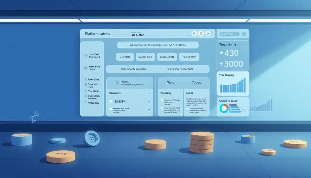 A well-lit, high-resolution, digital illustration depicting a thoughtful selection of platform criteria for an NFT raffle. The foreground showcases various data points and metrics like user base, success rate, fees, and community engagement. The middle ground highlights a decision-making framework with pros and cons for different platform options. The background features a sleek, minimalist interface with interactive charts and graphs to visualize the key factors. The overall mood is one of informed decision-making, with a clean, modern aesthetic to reflect the digital nature of the subject matter.