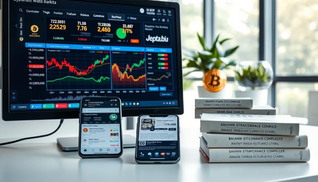 A well-lit, high-resolution image depicting reliable cryptocurrency data sources. In the foreground, a computer monitor displays a dashboard of real-time cryptocurrency prices, trading volumes, and market capitalizations. On the desk, a smartphone shows news headlines and analysis from reputable financial websites. In the middle ground, neatly stacked reference books on cryptocurrency and blockchain technology provide authoritative data sources. The background features a clean, minimalist office setting with a large window allowing natural light to fill the space, conveying a sense of professionalism and trustworthiness.