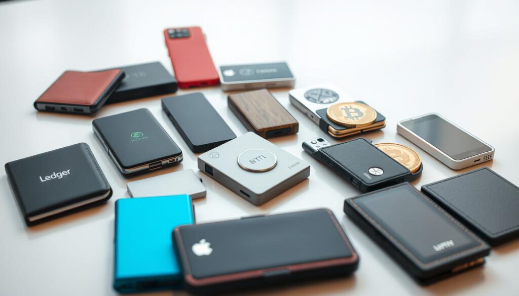 A well-lit, high-resolution image of a collection of diverse cryptocurrency hardware wallets, including Ledger, Trezor, KeepKey, and other popular models, arranged on a clean, minimalist desktop or tabletop setting. The wallets are presented in an organized, visually appealing manner, showcasing their various colors, shapes, and features. The image conveys a sense of security, reliability, and the essential tools needed for effective NFT airdrop farming. The lighting is soft and natural, creating a subtle, professional atmosphere. The focus is on the wallets, with the background slightly blurred to emphasize the main subject.