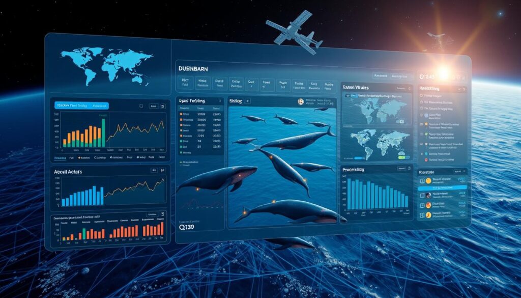 A well-lit, high-resolution image of a cutting-edge AI-powered whale tracking dashboard, featuring an array of interactive data visualizations, real-time GPS tracking, and advanced predictive analytics. The foreground displays a sleek, intuitive user interface with intuitive controls and customizable data views. The middle ground showcases a 3D rendered ocean scene with the movement of tagged whales displayed in vibrant colors. The background subtly depicts satellite imagery, oceanographic sensors, and other advanced technologies powering the system. The overall atmosphere conveys a sense of technological sophistication, environmental conservation, and scientific discovery.