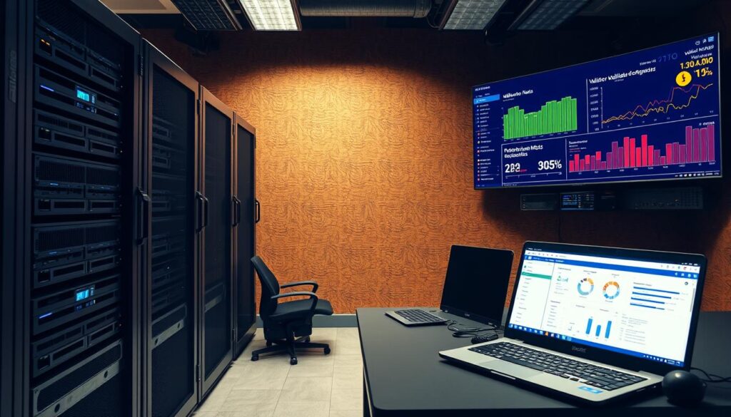A well-lit, high-resolution image of a validator node setup. The foreground depicts a server rack with multiple computers, each running a validator node software. The middle ground shows a desk with a laptop, keyboard, and mouse, displaying a dashboard monitoring the validator nodes. In the background, a wall-mounted display showcases real-time blockchain metrics and validator performance data. The overall scene conveys a professional, tech-savvy atmosphere with a focus on the intricate workings of a validator node infrastructure. A well-lit, high-resolution image of a validator node setup. The foreground depicts a server rack with multiple computers, each running a validator node software. The middle ground shows a desk with a laptop, keyboard, and mouse, displaying a dashboard monitoring the validator nodes. In the background, a wall-mounted display showcases real-time blockchain metrics and validator performance data. The overall scene conveys a professional, tech-savvy atmosphere with a focus on the intricate workings of a validator node infrastructure.