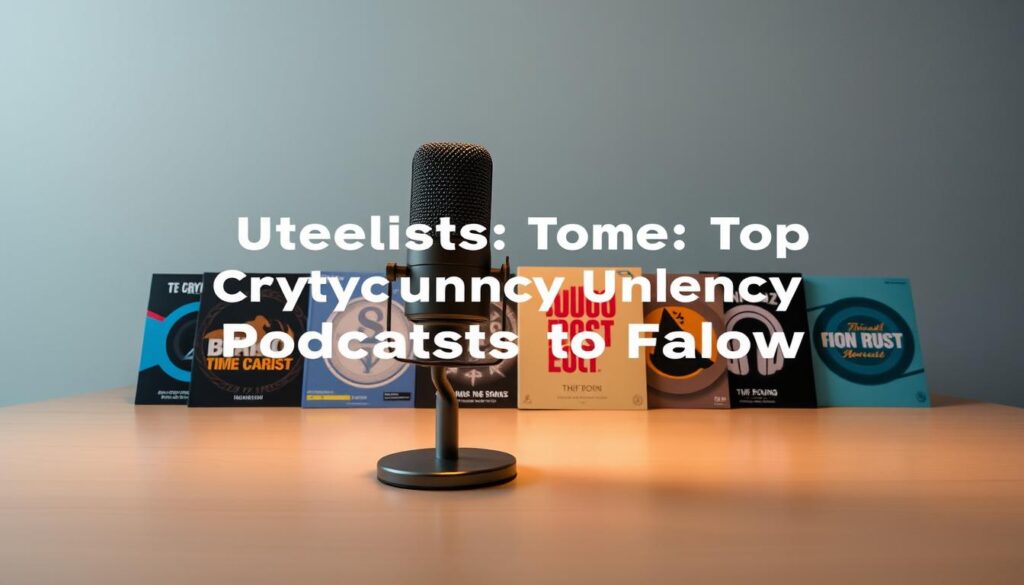 A well-lit, minimalist table setting featuring a curated selection of top cryptocurrency podcasts. In the foreground, a sleek, modern microphone with a warm glow, symbolizing the audio content. Surrounding it, a neatly arranged array of podcast covers, each showcasing distinct branding and artwork that captures the essence of the cryptocurrency industry. The middle ground features a clean, uncluttered background, perhaps a simple wooden surface or a muted gradient, allowing the focus to remain on the podcast materials. Subtle ambient lighting creates a professional, authoritative atmosphere, conveying the expertise and insights shared within these audio productions. The composition is balanced, visually appealing, and effectively communicates the "Curated Lists: Top Cryptocurrency Podcasts to Follow" section.