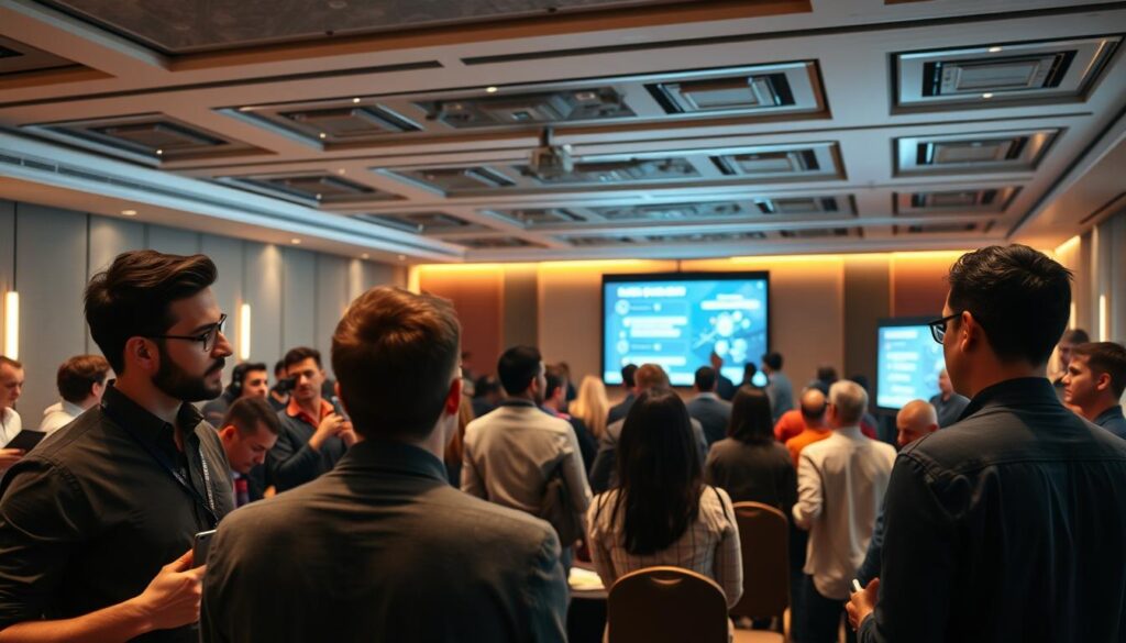 A well-lit, modern blockchain technology workshop in a spacious conference hall. In the foreground, a group of focused participants engaged in hands-on activities, their expressions contemplative as they explore the intricacies of distributed ledger technology. The middle ground features an interactive presentation on a large screen, surrounded by attentive attendees taking notes. In the background, the room is filled with the hum of discussion and the occasional flash of a camera capturing the collaborative atmosphere. Warm, indirect lighting casts a soft glow, creating an environment conducive to learning and discovery.