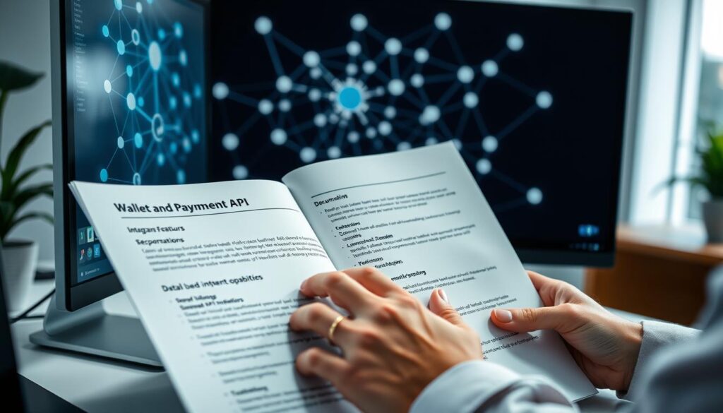 A well-lit office workspace with a desk, computer, and a wallet and payment API documentation open on the screen. In the foreground, a person's hands evaluating the documentation, studying the integration capabilities, security features, and data storage options. The background shows a blockchain network visualization, with nodes and connections representing the infrastructure powering the APIs. The scene conveys a thoughtful, analytical mood as the person examines the technical details to assess the integration potential. A well-lit office workspace with a desk, computer, and a wallet and payment API documentation open on the screen. In the foreground, a person's hands evaluating the documentation, studying the integration capabilities, security features, and data storage options. The background shows a blockchain network visualization, with nodes and connections representing the infrastructure powering the APIs. The scene conveys a thoughtful, analytical mood as the person examines the technical details to assess the integration potential.