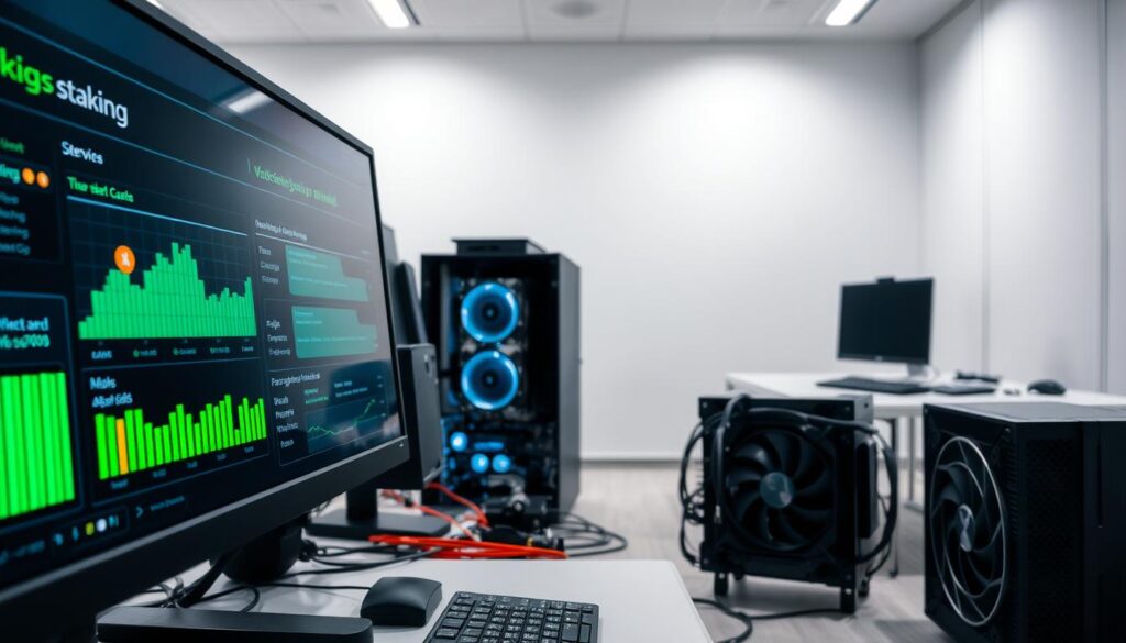A well-lit, technical setup showcasing the process of blockchain staking. In the foreground, a computer monitor displays a user interface for staking, with clear visualizations of the staking process and rewards. In the middle ground, various hardware components like a high-performance CPU, GPU, and cooling system are arranged neatly, conveying the importance of the technical infrastructure. The background features a minimalist, modern office setting with clean lines and neutral tones, emphasizing the professionalism and precision of the staking operation. The overall mood is one of efficiency, reliability, and attention to technical detail, reflecting the core principles of the blockchain validation and staking process. A well-lit, technical setup showcasing the process of blockchain staking. In the foreground, a computer monitor displays a user interface for staking, with clear visualizations of the staking process and rewards. In the middle ground, various hardware components like a high-performance CPU, GPU, and cooling system are arranged neatly, conveying the importance of the technical infrastructure. The background features a minimalist, modern office setting with clean lines and neutral tones, emphasizing the professionalism and precision of the staking operation. The overall mood is one of efficiency, reliability, and attention to technical detail, reflecting the core principles of the blockchain validation and staking process.