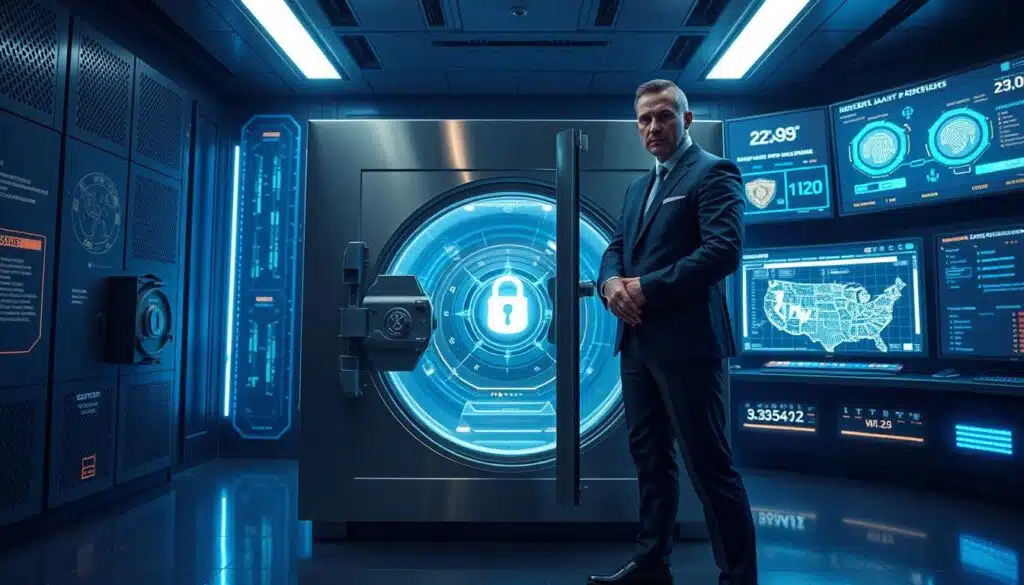 A well-secured digital vault against crypto scams, protected by sturdy metal locks, biometric scanners, and a complex security system. The vault is positioned in a dimly lit, high-tech control room, with a sleek, modern aesthetic. Glowing holographic displays and screens provide real-time monitoring and analytics. A serious-looking security guard stands vigilant, ensuring the safety of the valuable crypto assets within. The atmosphere conveys a sense of uncompromising protection, reflecting the need for robust measures to safeguard investments in the volatile cryptocurrency market.
