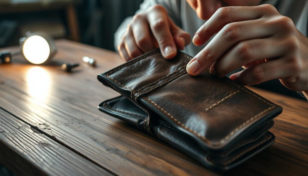 A well-worn leather wallet sits on a wooden table, its tattered exterior revealing the secrets of its past. Nearby, a pair of delicate hands carefully examines the wallet, their fingers tracing the intricate stitching with the utmost care. In the background, a soft, diffused light illuminates the scene, casting a warm, inviting glow that sets the stage for the restoration process. The wallet's owner, their face obscured by the frame, studies the wallet intently, their expression one of focused determination as they prepare to breathe new life into this cherished personal item. A well-worn leather wallet sits on a wooden table, its tattered exterior revealing the secrets of its past. Nearby, a pair of delicate hands carefully examines the wallet, their fingers tracing the intricate stitching with the utmost care. In the background, a soft, diffused light illuminates the scene, casting a warm, inviting glow that sets the stage for the restoration process. The wallet's owner, their face obscured by the frame, studies the wallet intently, their expression one of focused determination as they prepare to breathe new life into this cherished personal item.